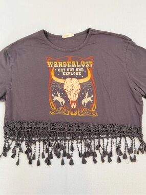 Good Vibes Only Wanderlust Bull Skull Graphic Fringe Crop Top Charcoal Gray XS
